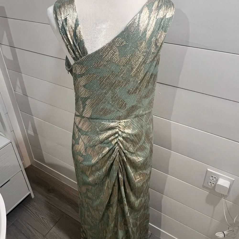 Adrianna Papell One Shoulder Green and Gold Dress - Picture 6 of 9